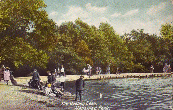 A postcard showing boys fishing in the boating lake, Wanstead Park