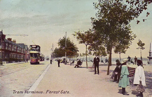 An old postcard showing the now defunct tram terminus at Forest Gate