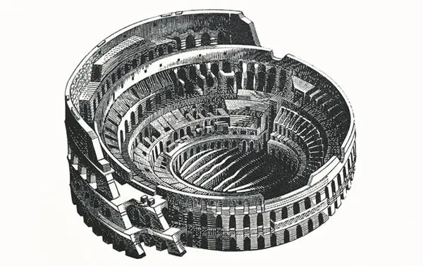 black and white drawing of a roman colosseum