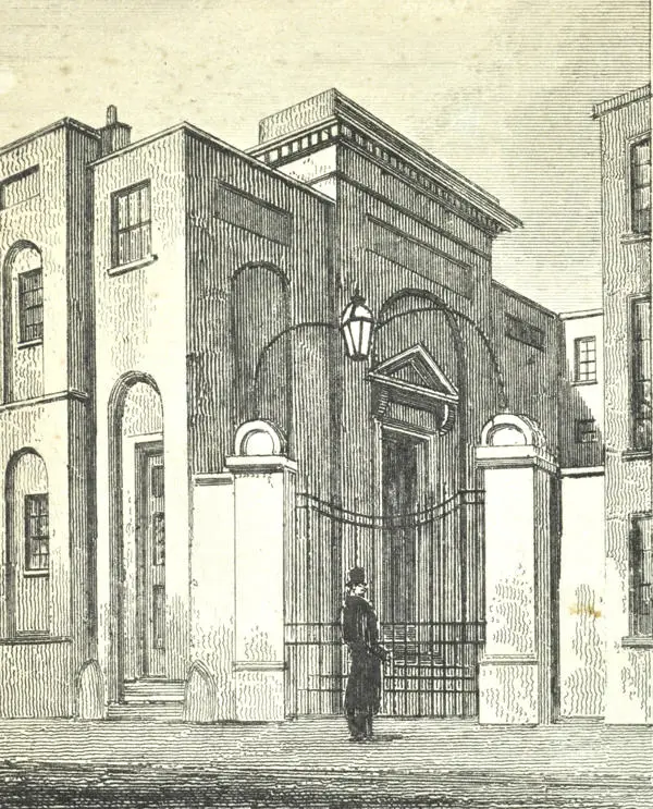 black and white illustration of man in top hat standing near iron gates