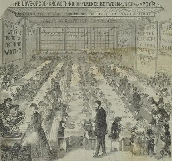 Wood engraving showing long tables set out for dinner at a boys refuge in 1868