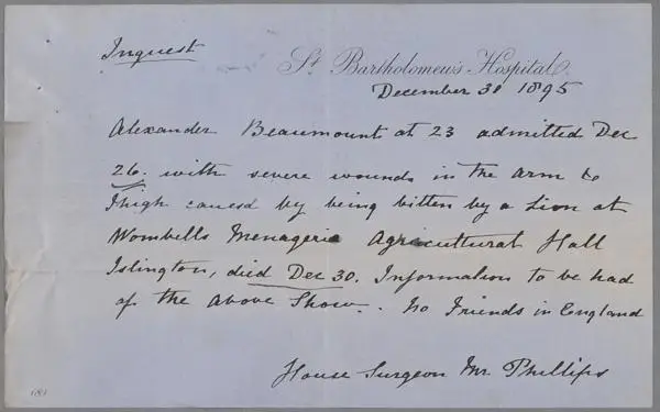 Coroner's inquest for Alexander Beaumont who was killed by a lion in 1895