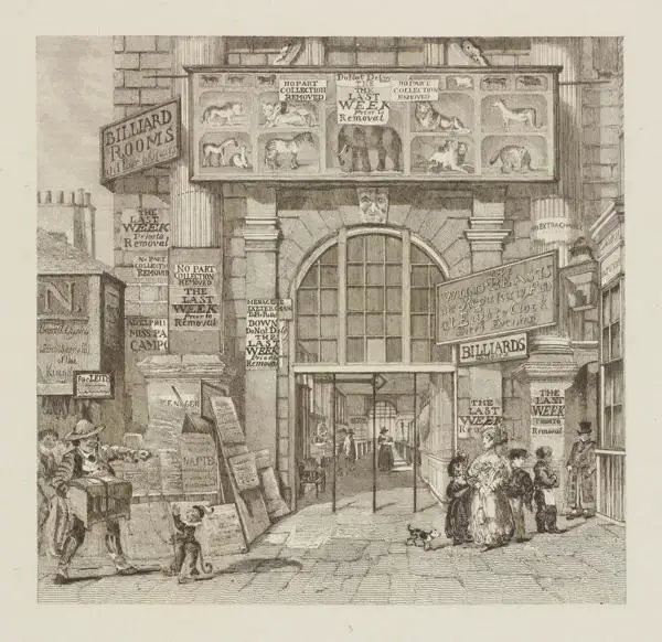 Engraving of Exeter Change menagerie and shops showing billboard advertisements outside