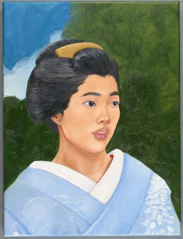 Oil painting showing an interpretation of a Japanese merchant