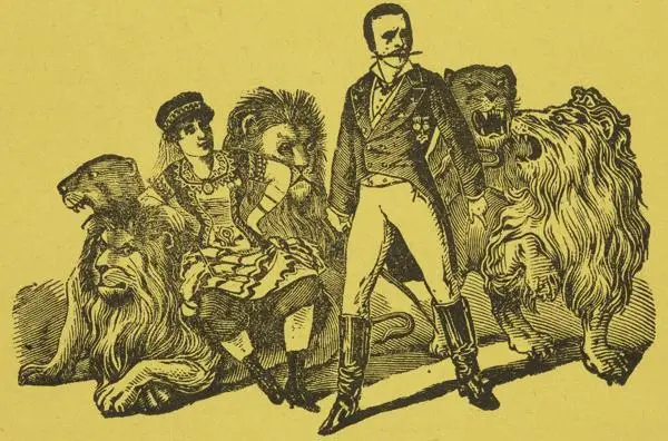 A man and a woman lion tamer surrounded by lions