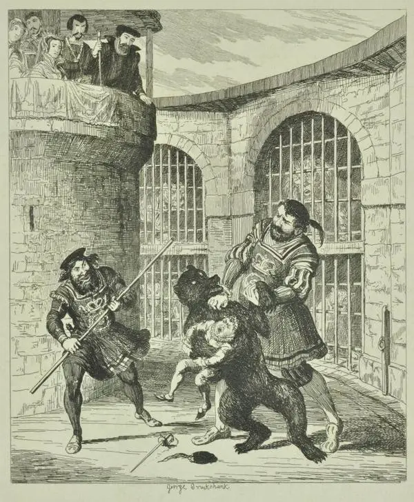 Two men fight off a bear that is carrying a child. Lions are in cages in the background