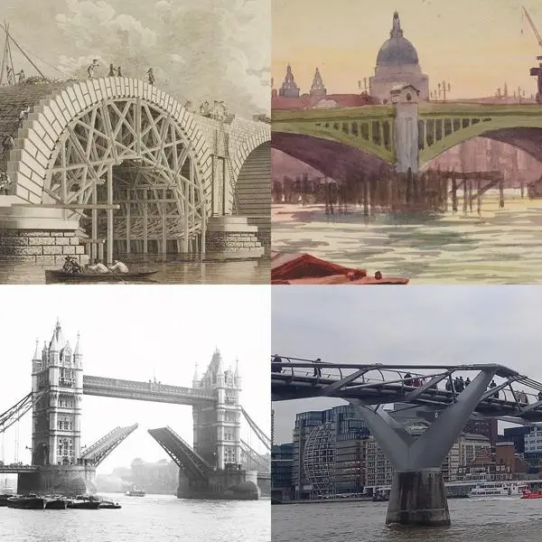 Montage of four London bridges over the Thames