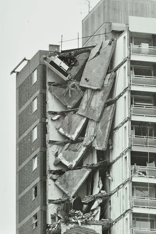 Tower block building in a state of collapse