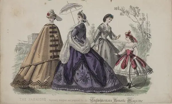 Women and a child wearing Victorian fashions