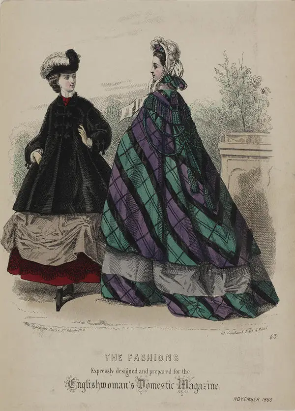 Two women wearing Victorian fashions with bonnets