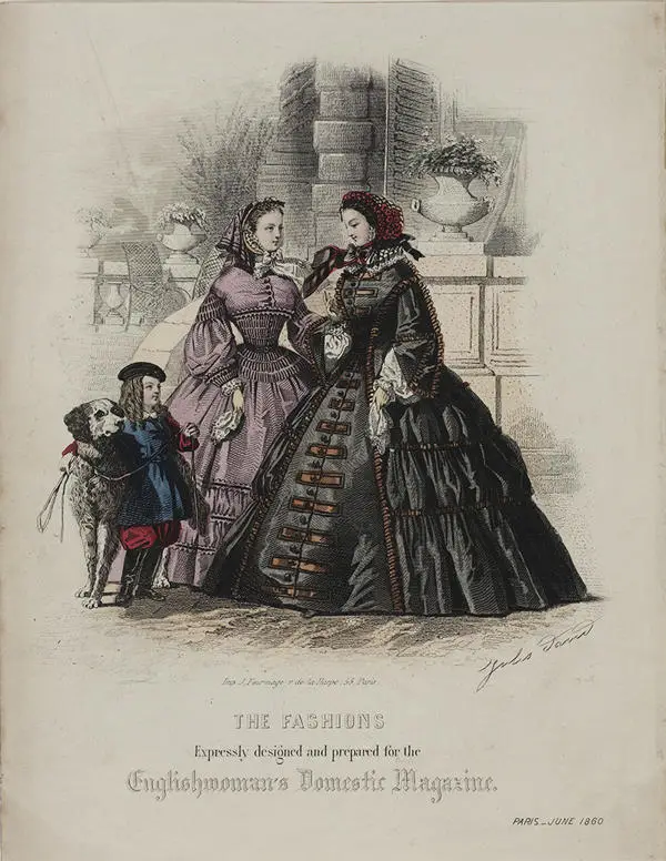 Two women and a child with dog in Victorian fashion