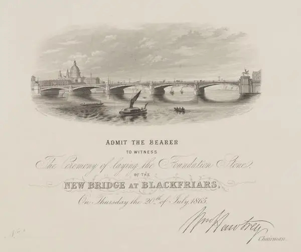 Beige print of Blackfriars bridge from 1865